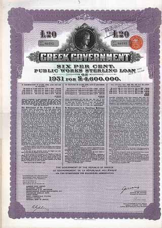 Greek Government - 6 % Public Works Sterling Loan of 1931
