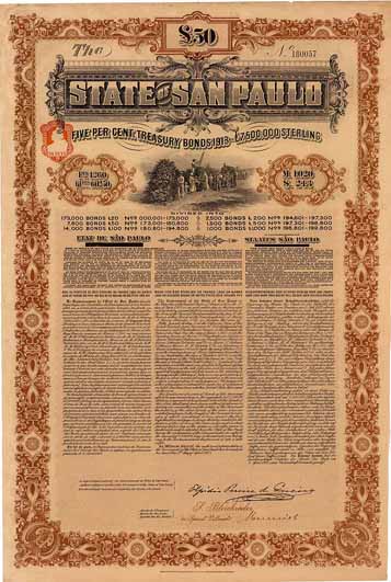 State of San Paulo 5 % Treasury Bonds 1913