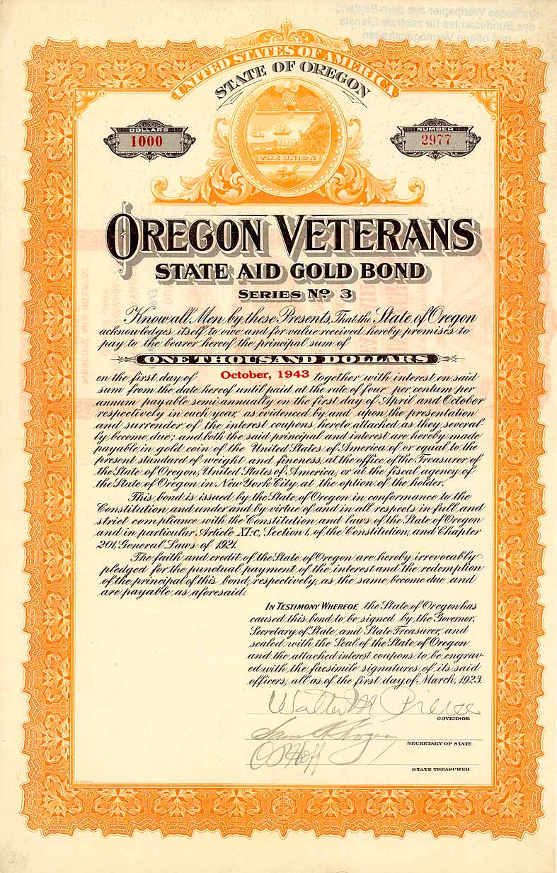 Oregon Veterans State Aid Gold Bond Ser. 3