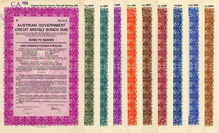 Austrian Government Credit Anstalt Bonds 1936 (10 Stücke - kompletter Satz)