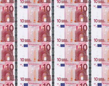 10-Euro-Banknoten, ungeschnittener Bogen (54 Stück)
