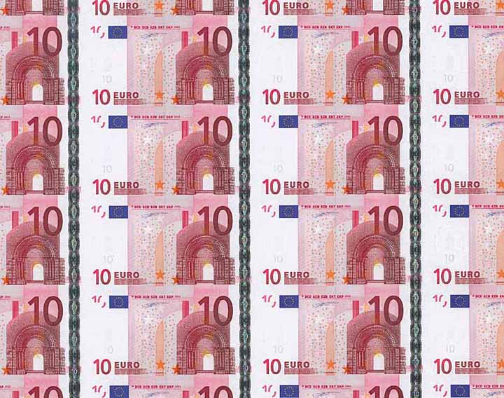 10-Euro-Banknoten, ungeschnittener Bogen (54 Stück)