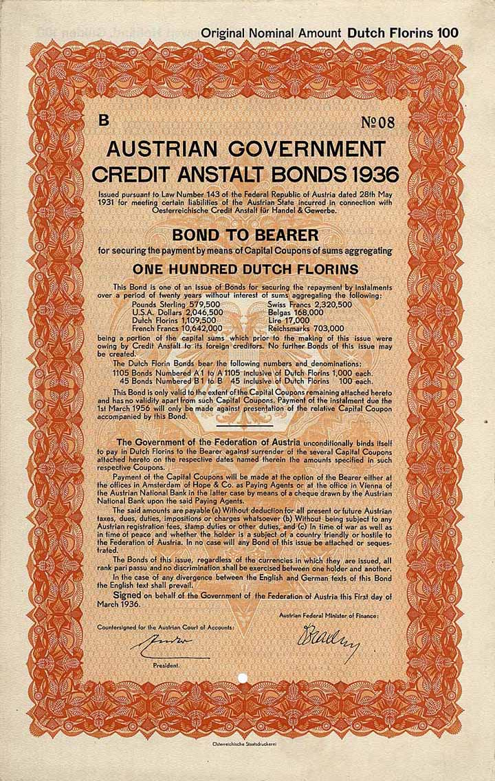 Austrian Government Credit Anstalt Bonds 1936