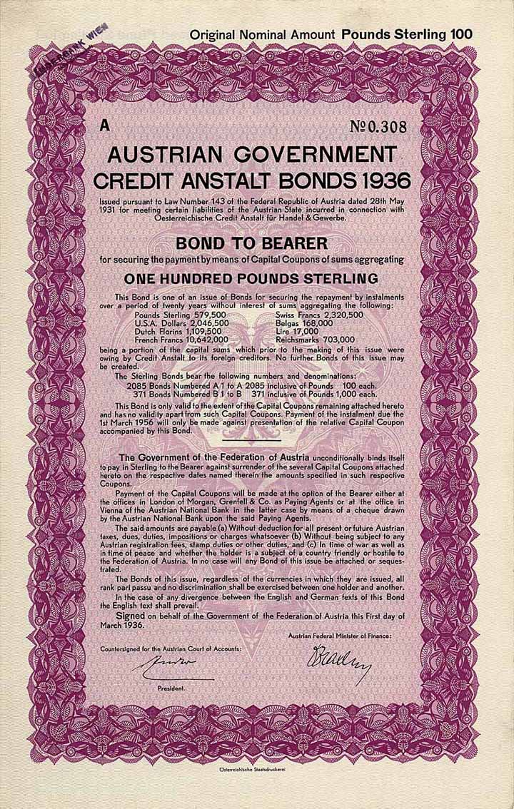 Austrian Government Credit Anstalt Bonds 1936