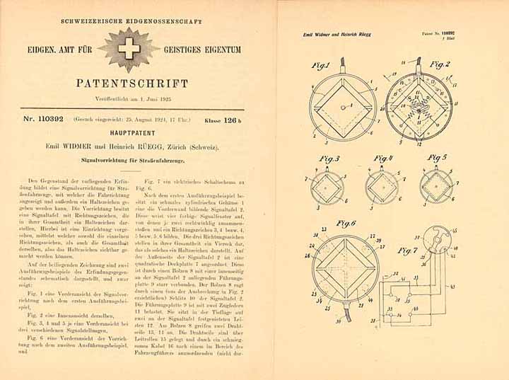 Patentschrift „Signalvorrichtung für Straßenfahrzeuge“ - WIDMER und RÜEGG