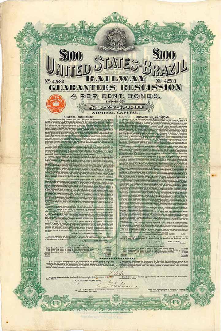 United States of Brazil Railway Guarantees Rescission 4 % Bonds 1902