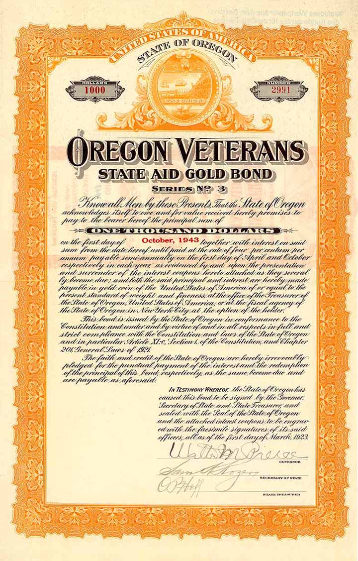 Oregon Veterans State Aid Gold Bond Ser. 3