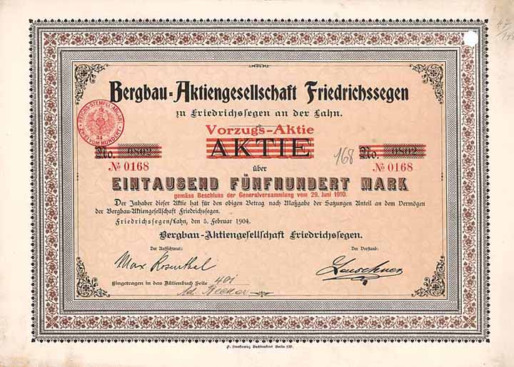 Bergbau-AG Friedrichssegen (VZ-Aktie ab 1910)