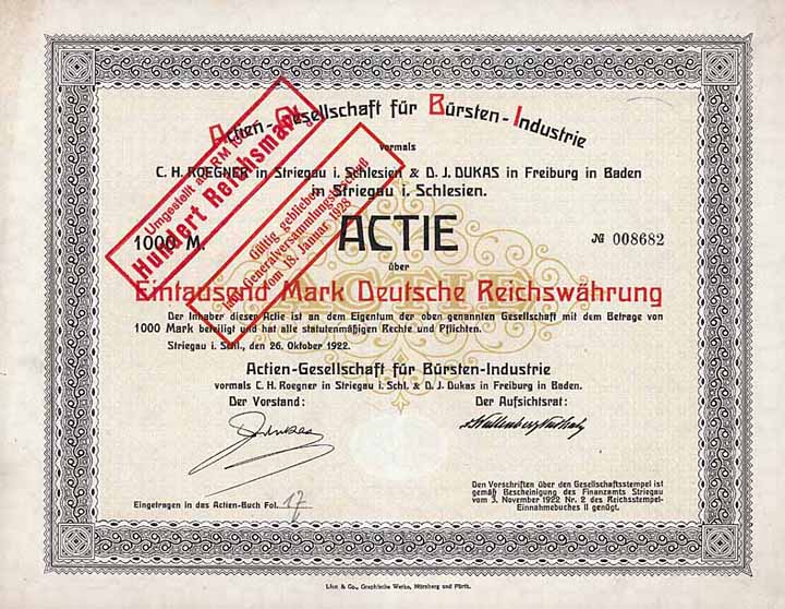 AG für Bürsten-Industrie vormals C. H. Roegner in Striegau i. Schlesien & D. J. Dukas in Freiburg in Baden