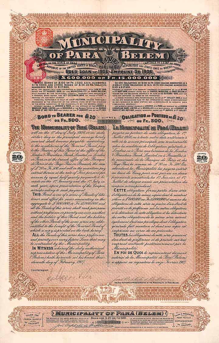 Municipality of Pará (Belem) 5 % Gold Loan of 1906