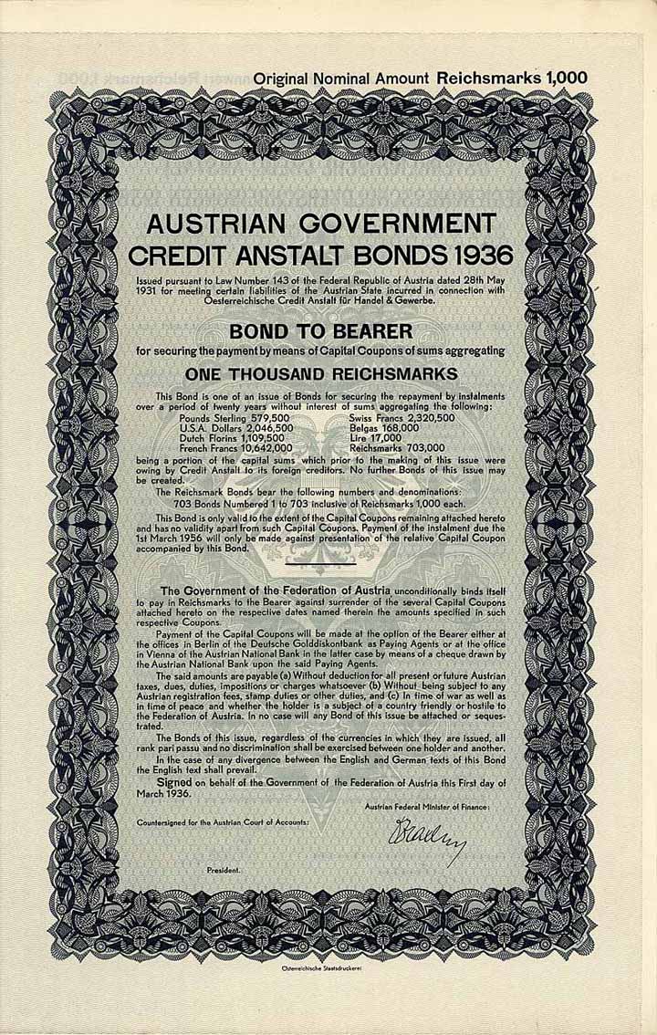 Austrian Government Credit Anstalt Bonds 1936