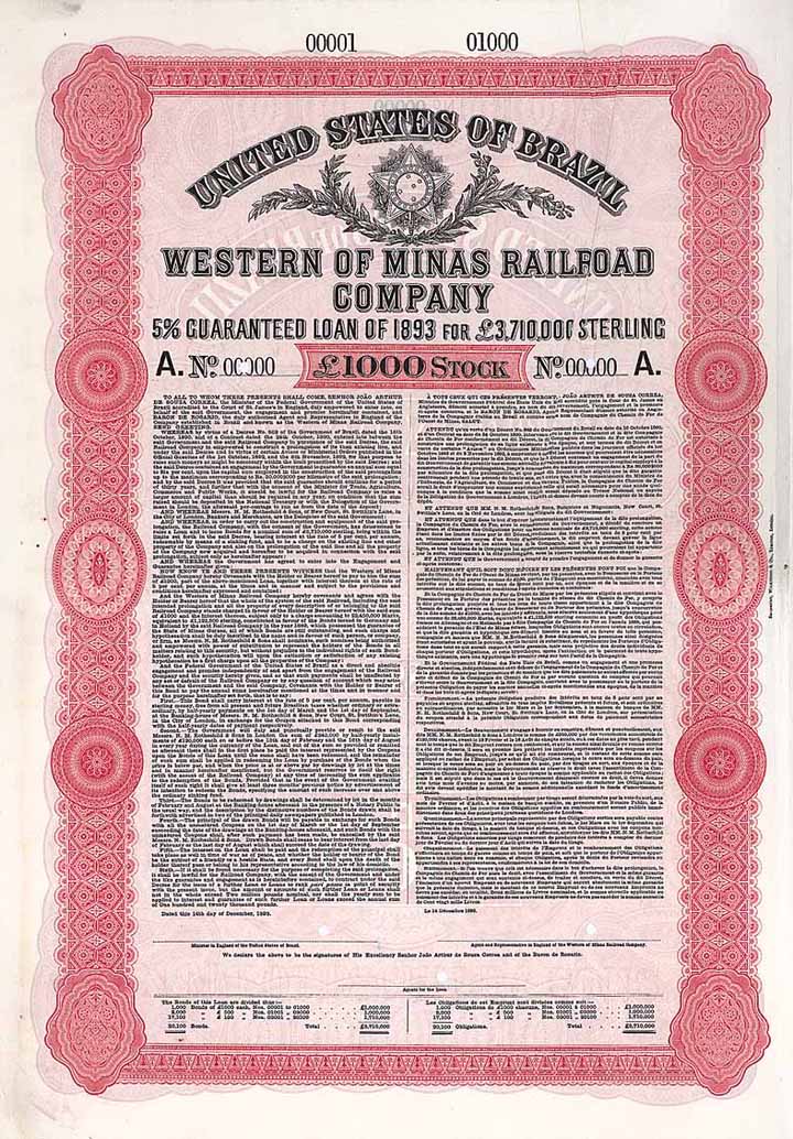 Western of Minas Railroad Co. 5 % Guaranteed Loan of 1893