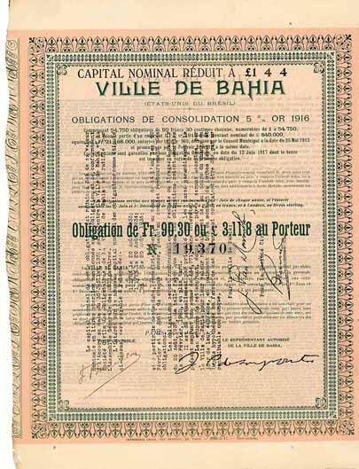 Ville de Bahia Obligations de Consolidation 5 % Or 1916