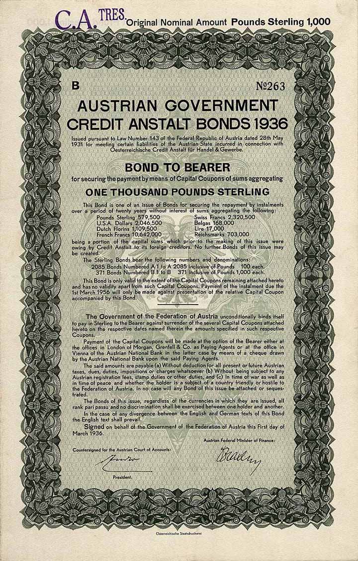 Austrian Government Credit Anstalt Bonds 1936