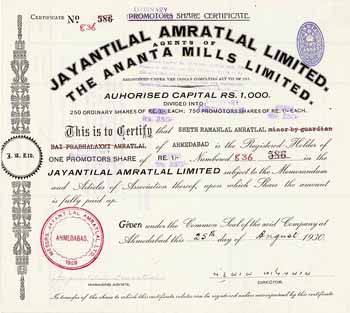 Jayantilal Amratlal Ltd. - Agents of The Ananta Mills Ltd.