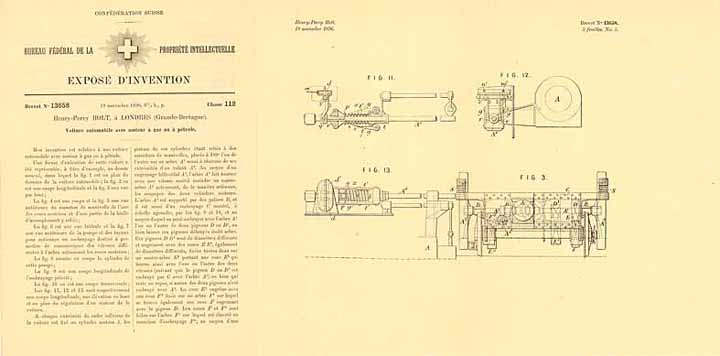 Patentschrift „Voiture automobile avec moteur à gaz ou à pétrole“ - HOLT (Kraftwagen mit Gas- oder Ölmotor)