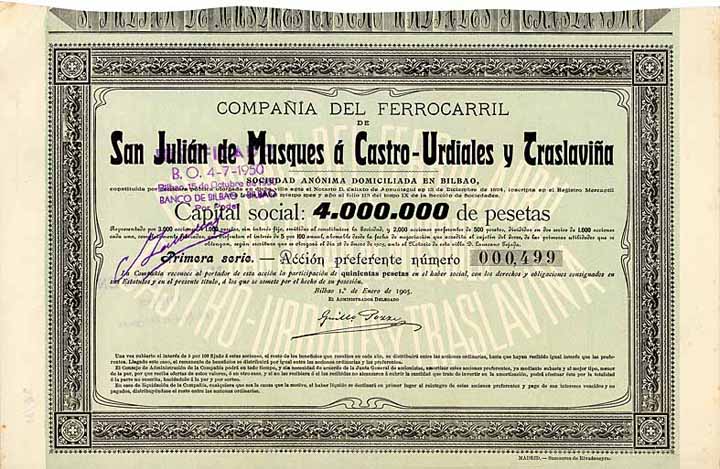 Cia. del Ferrocarril de San Julián de Musques á Castro-Urdiales y Traslavina S.A.