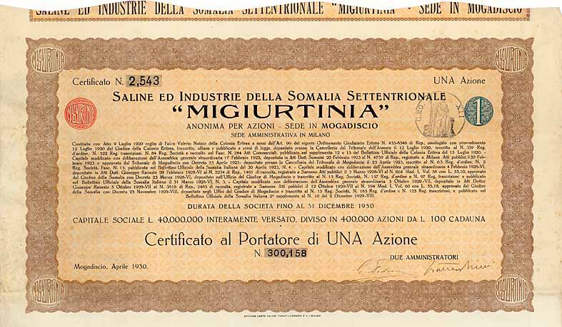 Saline ed Industrie della Somalia Settentrionale „MIGIURTINIA“
