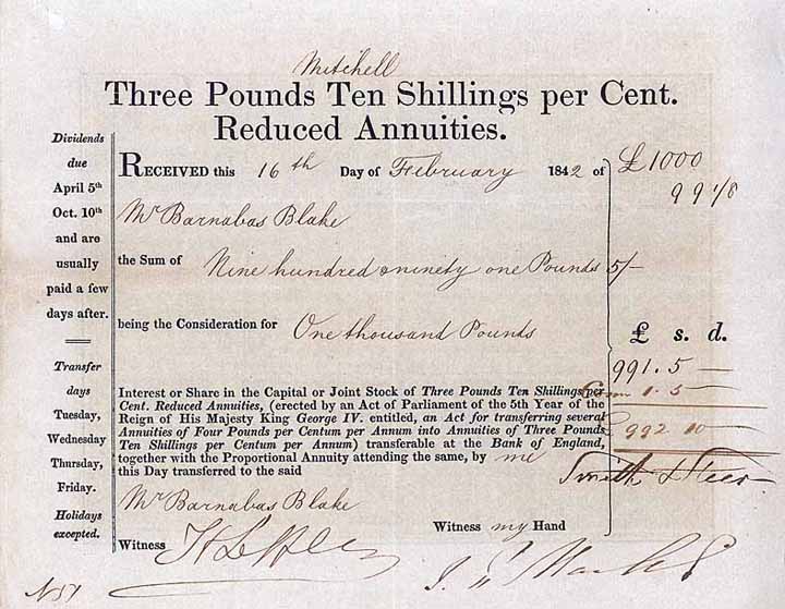 Englischer Staat - Three Pounds Ten Shillings per Cent Reduced Annuities