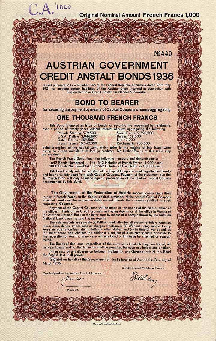 Austrian Government Credit Anstalt Bonds 1936