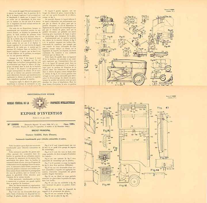 Patentschrift „Carrosserie transformable pour véhicules automobiles et autres“ - BAEHR (Umwandelbare Karosserie für Kfz u.a. Fahrzeuge)