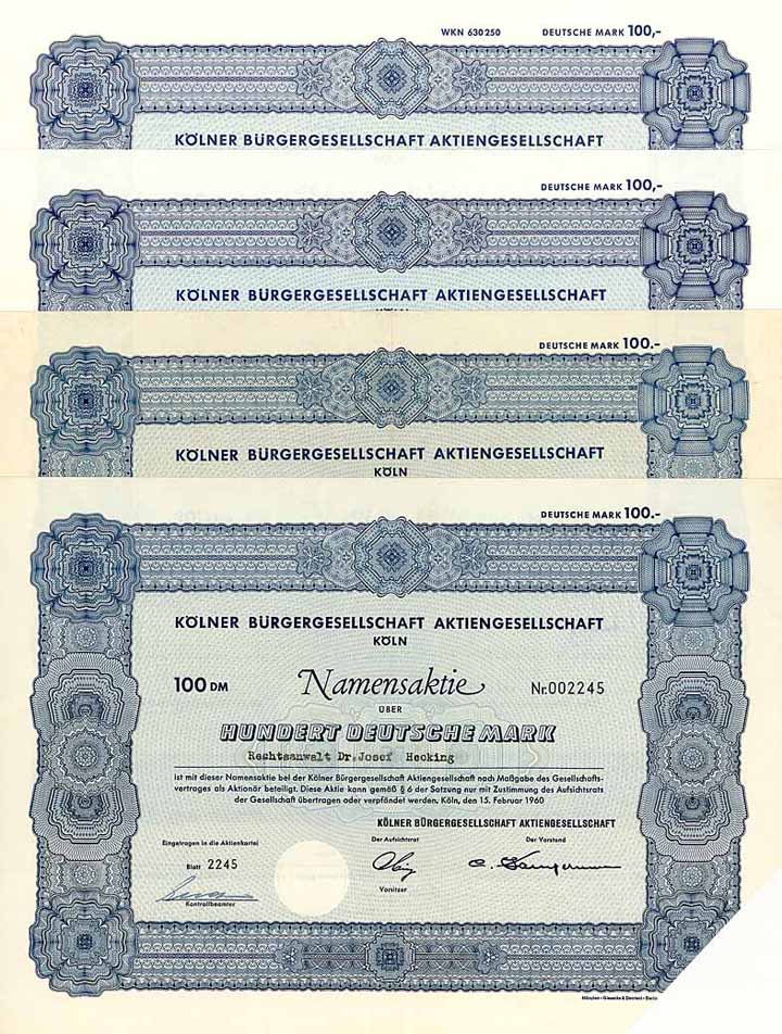 Kölner Bürgergesellschaft AG (4 Stücke)
