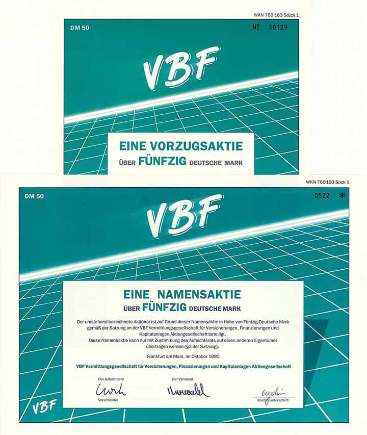 VBF Vermittlungsges. für Versicherungen, Finanzierungen und Kapitalanlagen AG (2 Stücke)