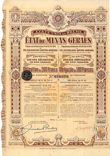 État de Minas Geraes Emprunt de Conversion 4,5 % Or 1910