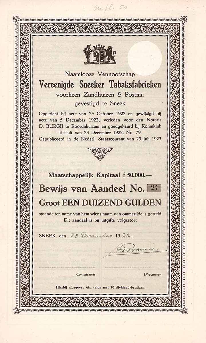 N.V. Vereenigde Sneeker Tabaksfabrieken voorheen Zandhuizen & Postma