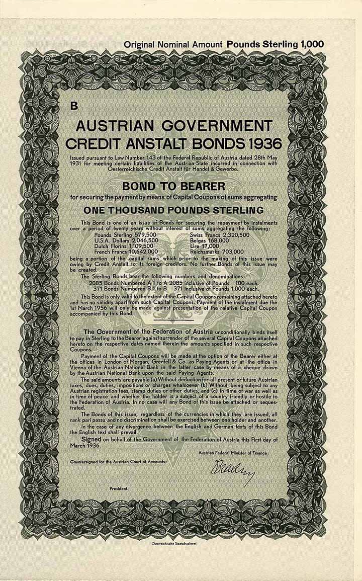 Austrian Government Credit Anstalt Bonds 1936