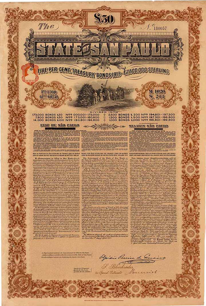 State of San Paulo 5 % Treasury Bonds 1913