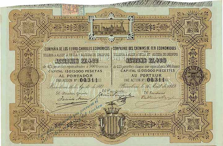 Cia. de los Ferro Carriles Economicos de Villena á Alcoy á Yecla y Alcudia de Crespins