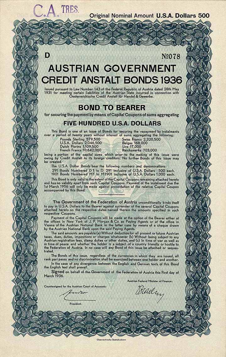 Austrian Government Credit Anstalt Bonds 1936