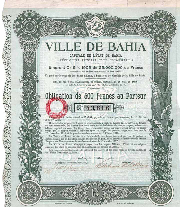 Ville de Bahia Emprunt Or 5 % 1905