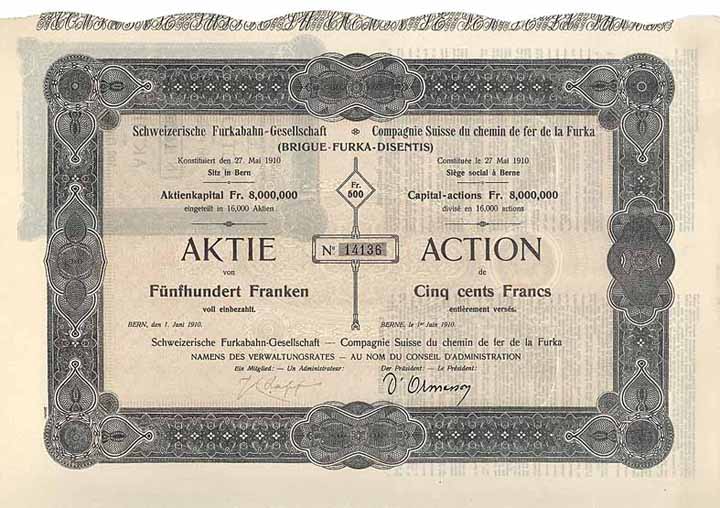 Schweizerische Furkabahn-Gesellschaft (Brigue-Furka-Disentis) Cie. Suisse du chemin de fer de la Furka