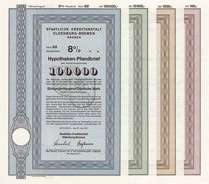 Staatliche Kreditanstalt Oldenburg-Bremen (4 Stücke)