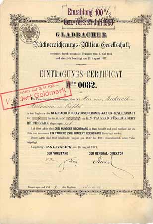 Gladbacher Rückversicherungs-AG (weißes Papier, nur 1923 abgestempelt)