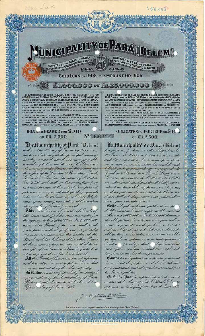 Municipality of Pará (Belem) 5 % Gold Loan of 1905