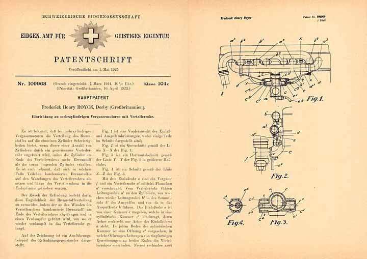 Patentschrift „Einrichtung an mehrzylindrigen Vergasermotoren mit Verteilerrohr“ - ROYCE