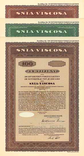 Snia-Viscosa Soc. Nazionale Industria Applicazioni Viscosa Società per Azioni (3 Stücke)