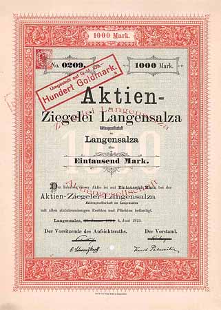 Aktien-Ziegelei Langensalza AG (überdruckt 4.6.1923)