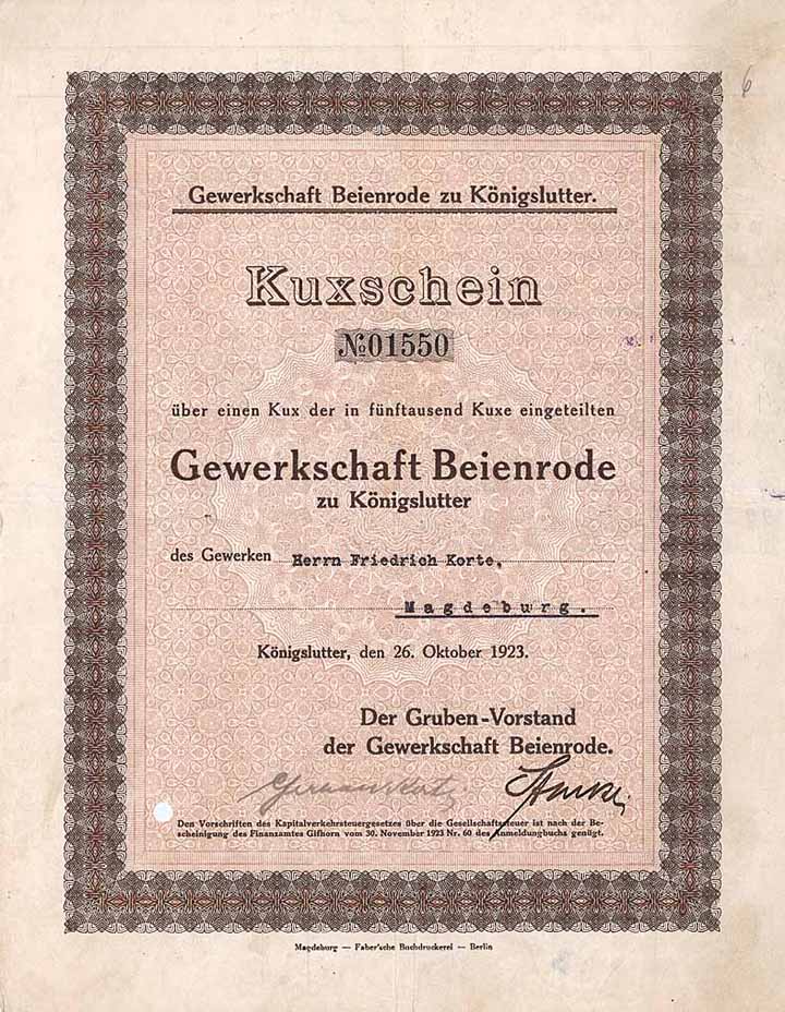 Gewerkschaft Beienrode (ausgest. Friedrich Korte, OU Gerhard Korte)