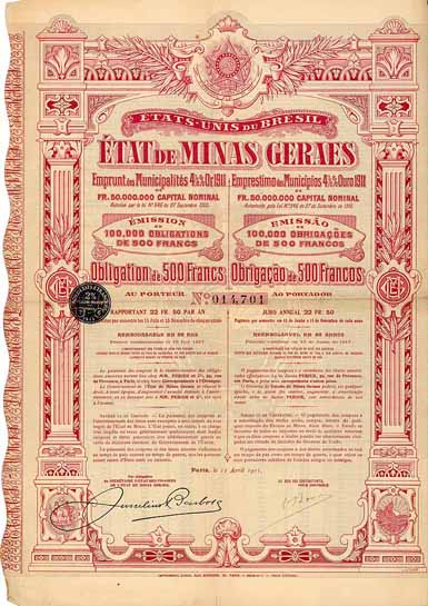 État de Minas Geraes Emprunt des Municipalités 4,5 % Or 1911