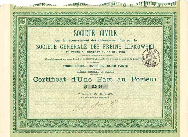 Soc. Civile pour le recouvrement des redevances due par la Soc. Gen. des Freins Lipkowski